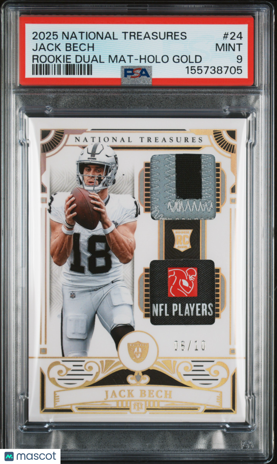 2025 National Treasures - Jack Bech - ROOKIE NFLPA Patch - Holo Gold /10 - PSA 9