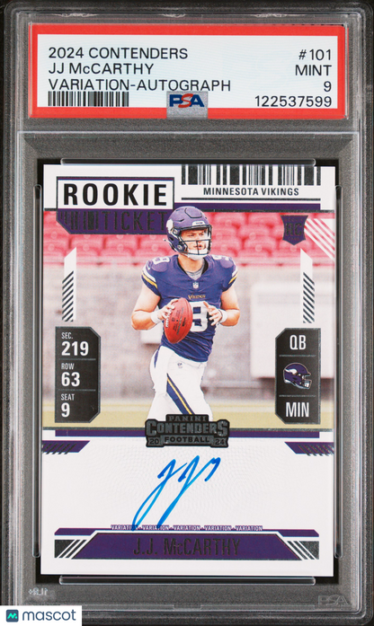 2024 Panini Contenders- JJ Mccarthy - ROOKIE AUTOb -Variation ON CARD AUTO - PSA