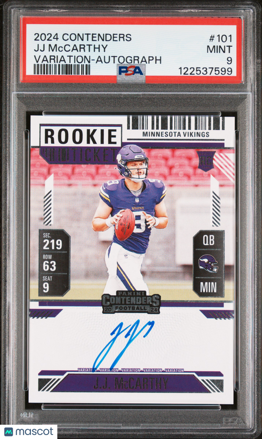 2024 Panini Contenders- JJ Mccarthy - ROOKIE AUTOb -Variation ON CARD AUTO - PSA