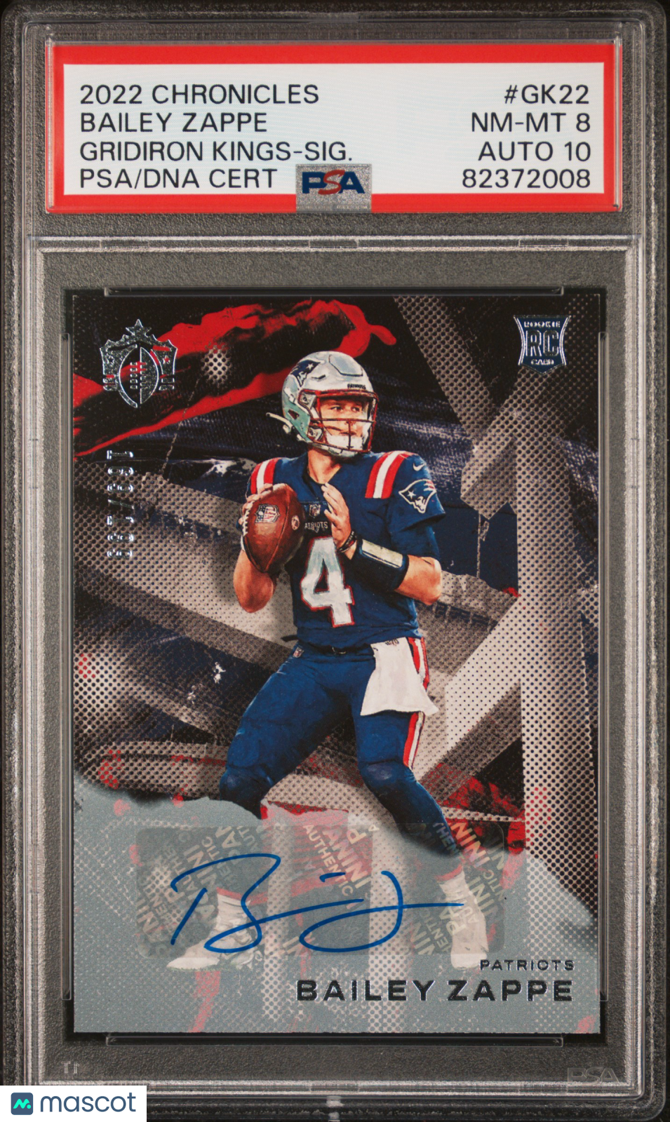 2022 Panini Chronicles Gridiron Kings ROOKIE Bailey Zappe #GK22. PSA 8 Auto 10