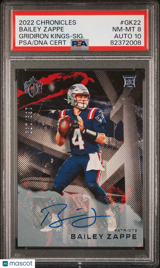 2022 Panini Chronicles Gridiron Kings ROOKIE Bailey Zappe #GK22. PSA 8 Auto 10