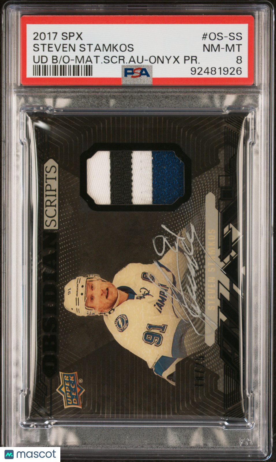 2017 SPX UD Hockey - Steven Stamkos -Black Obsidian - GAME USED PATCH Auto - PSA