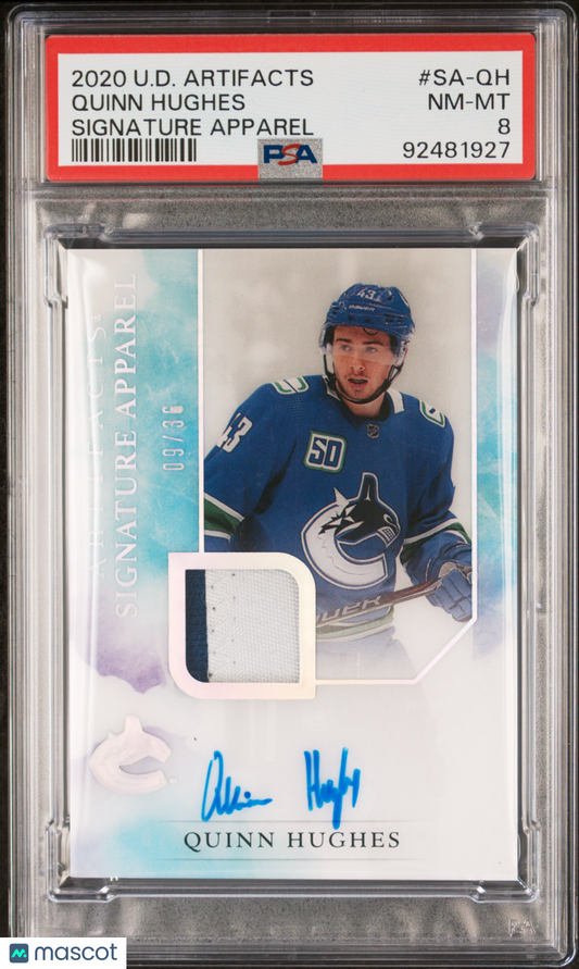 2020 Upper Deck Artifacts Hockey - Quinn Hughes - GAME USED PATCH AUTO /36 - PSA