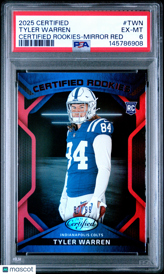 2025 Panini Certified - Tyler Warren - Certified Rookies - Mirror Red /99 - PSA