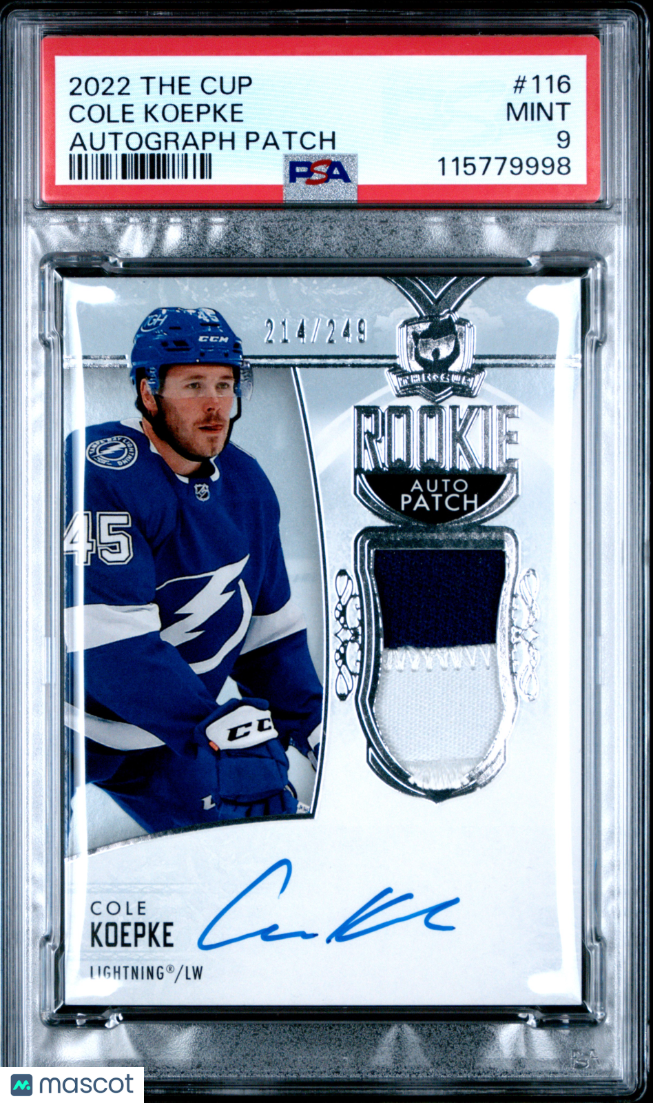 2022 Upper Deck - The Cup - Cole Koepke - ROOKIE Patch Auto /249 - PSA 9 - /249