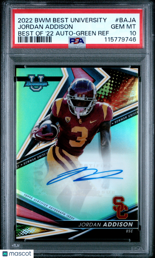 2022 Bowman's Best - Jordan Addison #BAJA - Green Refractor AUTO /99 - PSA 10