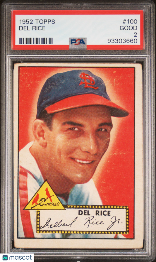 1952 Topps MLB Baseball - Del Rice #100 - St. Louis Cardinals - PSA 2