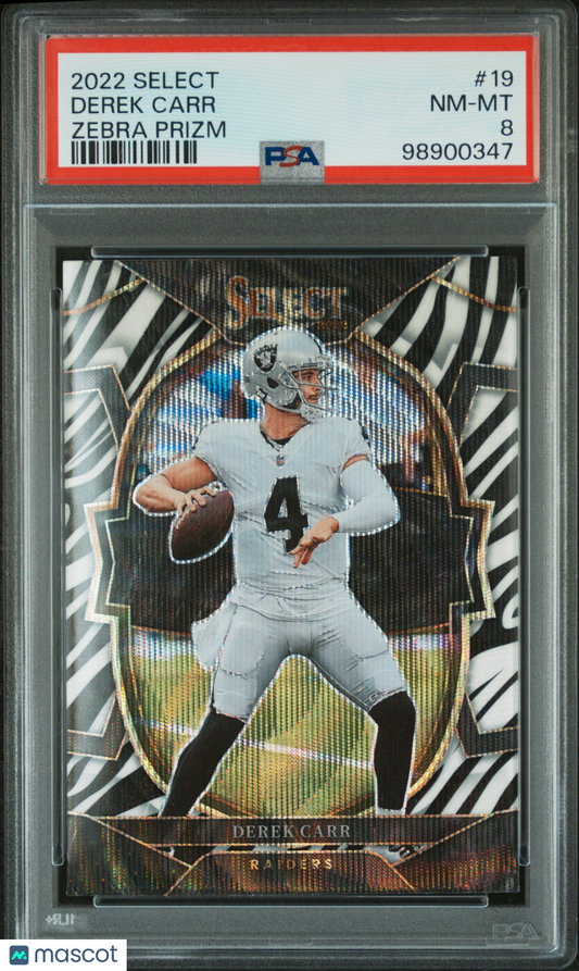 2022 Panini Select Derek Carr #19 Zebra Prizm PSA 8