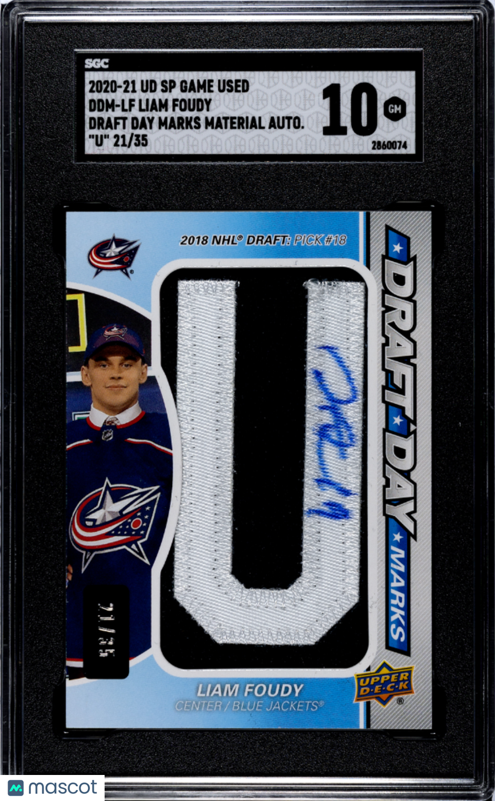 2020 Upper Deck SP Game Used Liam Foudy Draft Day Marks "U" SGC 10