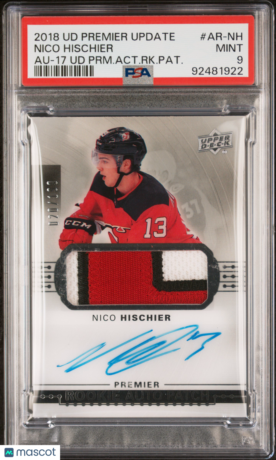 2018 Upper Deck Premier - Nico Hischier - ROOKIE PATCH AUTO - PSA 9 - RPA